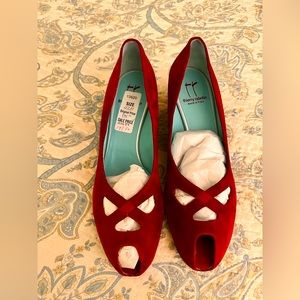 THIERRY RABOTIN Red Suede Leather Cutout Peep Toe Wedge Heels Shoe